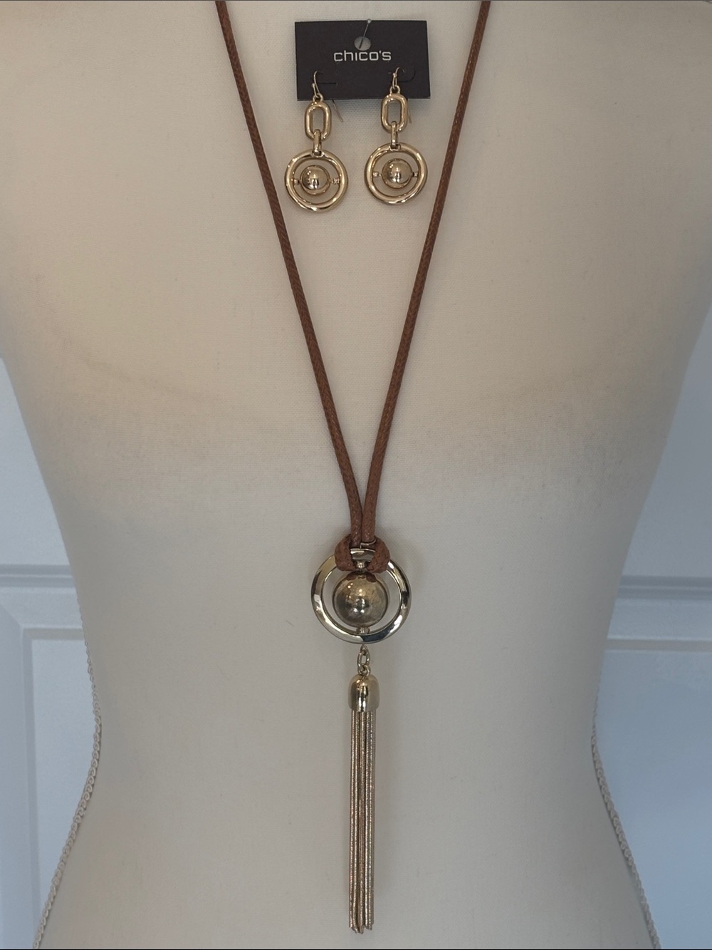 Chico's Gold and Brown Disc Tassel Necklace with Matching Drop Earrings